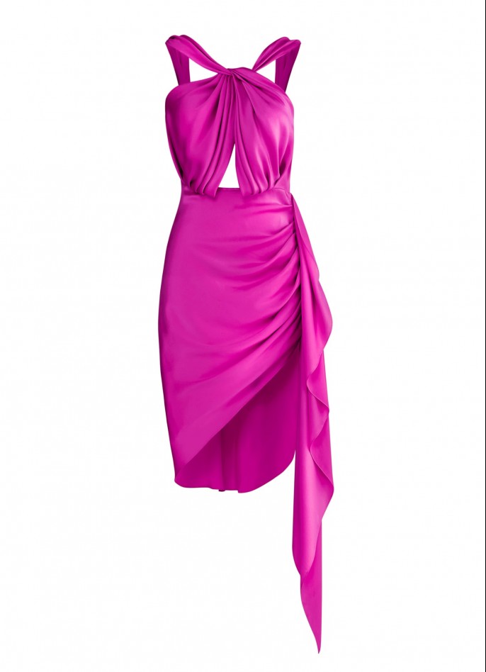 PRE-ORDER : DRAPED SILK SATIN BACKLESS DRESS - FUCHSIA